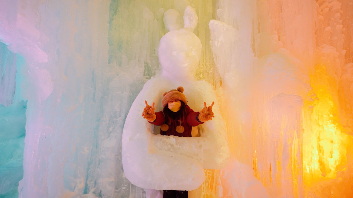 Giant bunny snow sculpture at Sounkyo Ice Fall Festival